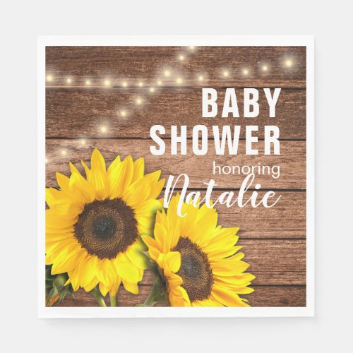 Rustic Dark Wood Sunflower Lights Baby Shower Napkins