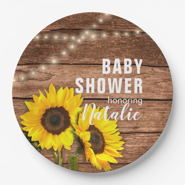 Rustic Dark Wood Sunflower Lights Baby Shower Paper Plates (Front)