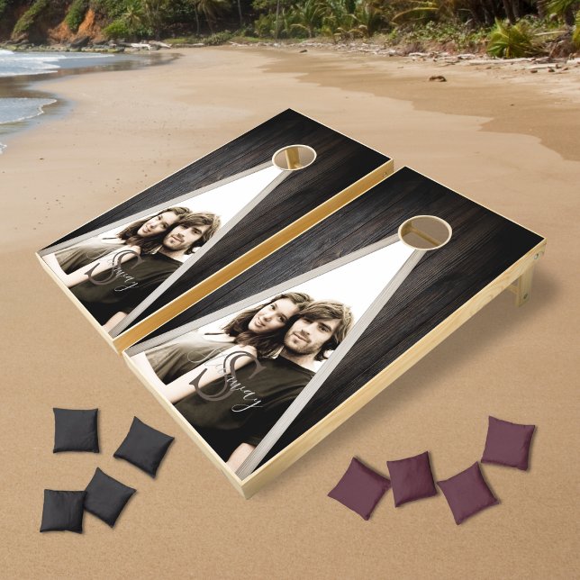 Rustic Dark Wood Tone Monogram and Photo Triangle Cornhole Set (Creator Uploaded)