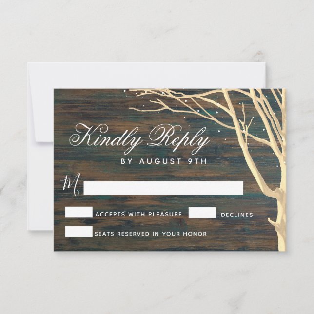 Rustic Dark Wood Tree Fall Winter Wedding RSVP Card (Front)