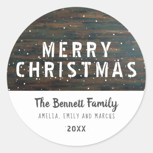 Rustic Dark Wood Typography Merry Christmas Classic Round Sticker