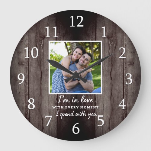 Rustic Dark Wood Wedding Anniversary Love Photo   Large Clock