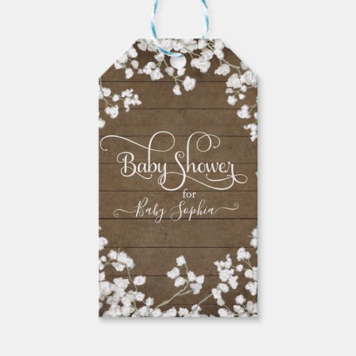 Rustic Dark Wood White Floral Script Baby Shower Gift Tags