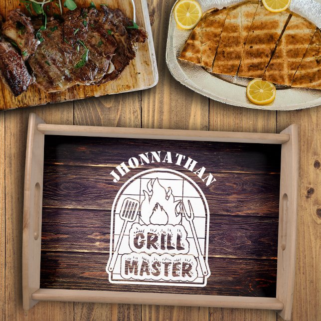 Rustic Dark Wood White Grillmaster Father's Gift Serving Tray (Creator Uploaded)