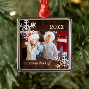 Rustic Dark Wood Winter Snowflake Photo Metal Ornament