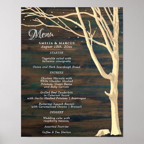 Rustic Dark Wood Winter Tree Wedding Menu Poster