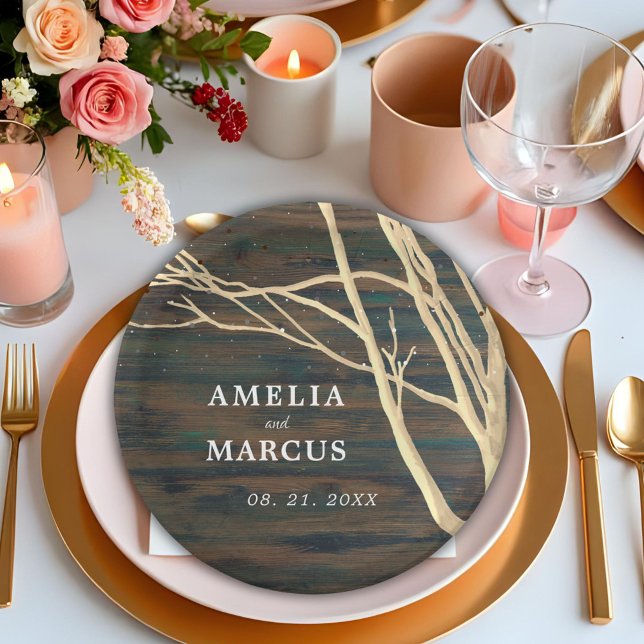 Rustic Dark Wood Winter Tree Wedding Party Paper Plates (Creator Uploaded)