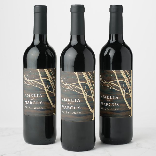 Rustic Dark Wood Winter Tree Wedding Wine Label (Bottles)