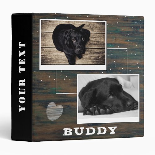 Rustic Dark Wood with Heart Pet Dog Photo Album 3 Ring Binder - Rustic Dark Wood with Heart Pet Dog Photo Album Binder. The binder has two photos of a dog and dog`s name on a rustic dark wood background. The background has a white scribble heart and white spots. Personalize the binder with your dog or any other pet photo and your dog or pet`s name. Change or erase the text on the spine. A great keepsake gift, photo album, a scrapbook album, in memory of, notes and more for your dog or pet.