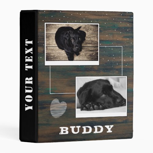 Rustic Dark Wood with Heart Pet Dog Photo Mini Binder - Rustic Dark Wood with Heart Pet Dog Photo Mini Album. The binder has two photos of a dog and dog`s name on a rustic dark wood background. The background has a white scribble heart and white spots. Personalize the binder with your dog or any other pet photo and your dog or pet`s name. Change or erase the text on the spine. A great keepsake gift, photo album, a scrapbook album, in memory of, notes and more for your dog or pet.