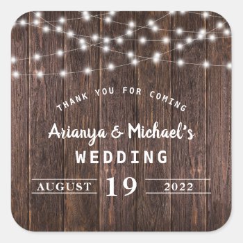 Rustic Dark Wood With String Lights Wedding Favor Square Sticker by lemontreeweddings at Zazzle