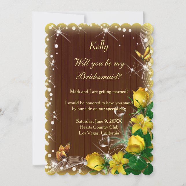 Rustic Dark Wood Yellow Floral Bridesmaid Invitation (Front)