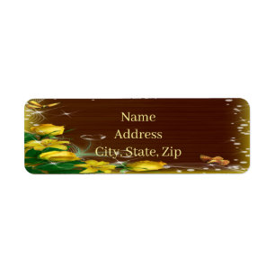 Rustic Dark Wood Yellow Floral Butterfly Address Label