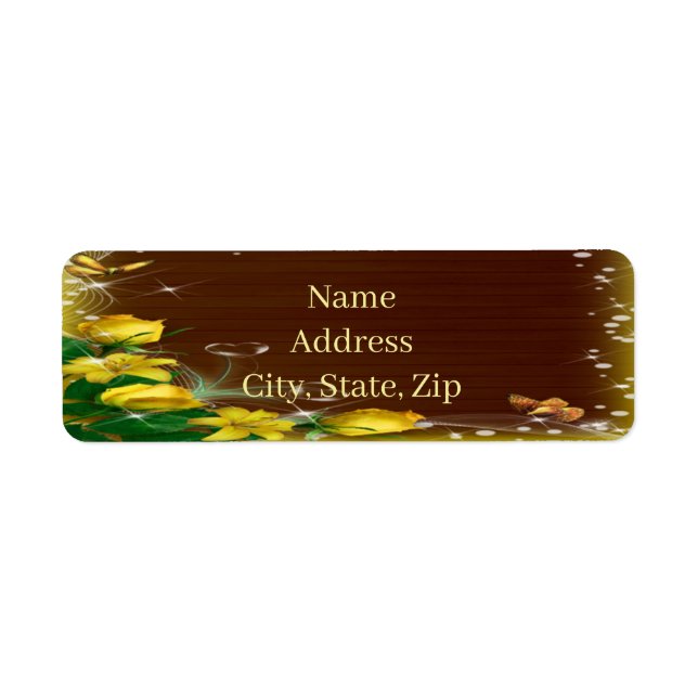 Rustic Dark Wood Yellow Floral Butterfly Address Label (Front)