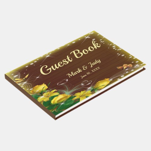 Rustic Dark Wood Yellow Floral Butterfly Wedding Guest Book