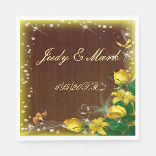 Rustic Dark Wood Yellow Floral Butterfly Wedding Napkins