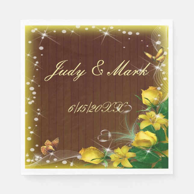 Rustic Dark Wood Yellow Floral Butterfly Wedding Napkins (Front)