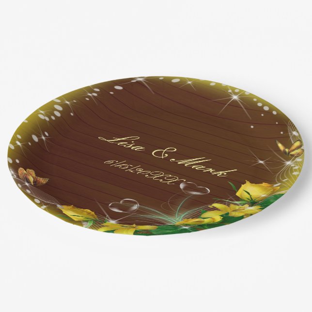 Rustic Dark Wood Yellow Floral Butterfly Wedding Paper Plates (Angled)