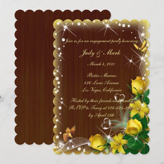 Rustic Dark Wood Yellow Floral Engagement Party Invitation (Front/Back)