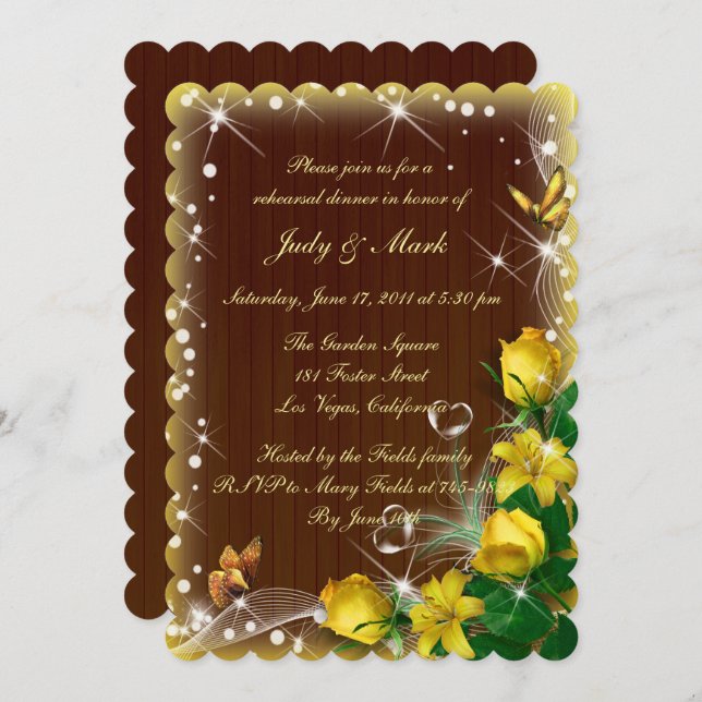 Rustic Dark Wood Yellow Floral Rehearsal Dinner Invitation (Front/Back)