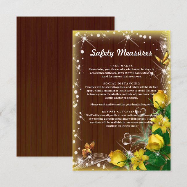 Rustic Dark Wood Yellow Floral Safety Measures Enclosure Card (Front/Back)