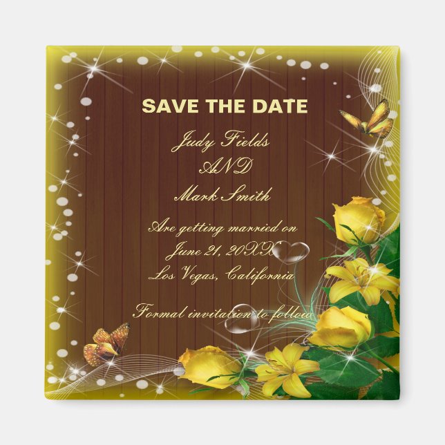 Rustic Dark Wood Yellow Floral Save The Date Magnet (Front)
