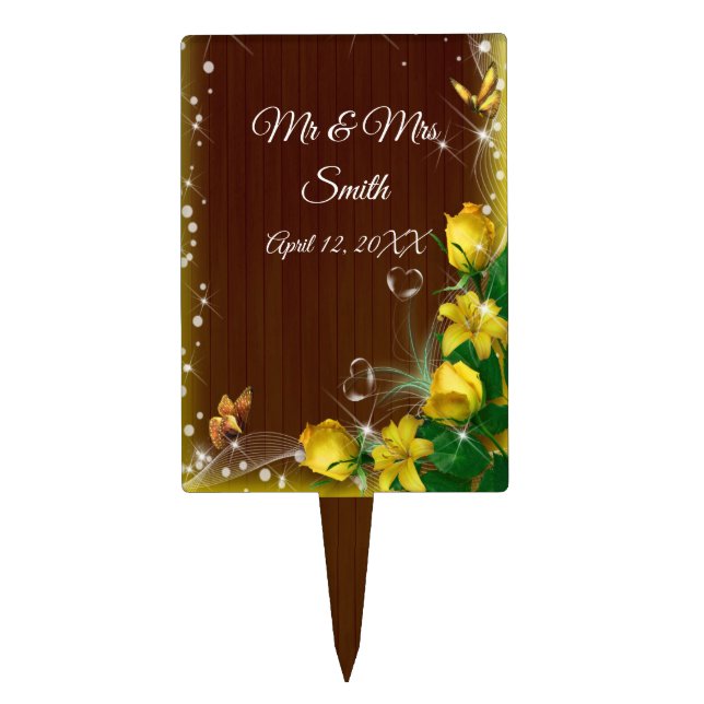 Rustic Dark Wood Yellow Floral Wedding Cake Topper (Front)