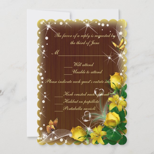 Rustic Dark Wood Yellow Floral Wedding Response Invitation (Front)