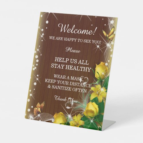 Rustic Dark Wood Yellow Floral Wedding Safety  Pedestal Sign