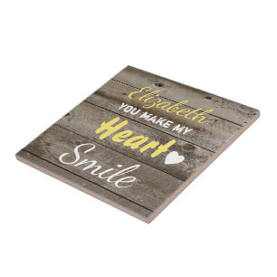 Rustic dark wood yellow with quote and name ceramic tile