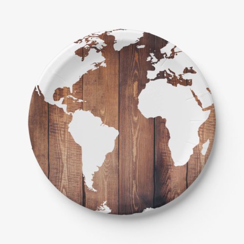 Rustic Dark Wooden Planks  White World Map Paper Plates