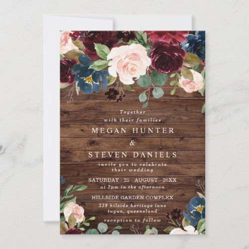 Rustic Deep Red Wine Burgundy Blush Navy Wedding Invitation