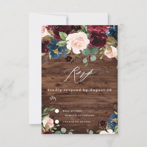 Rustic Deep Red Wine Burgundy Blush Navy Wedding RSVP Card