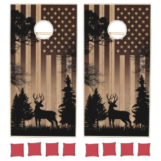 Rustic Deer & American Flag Design | Wood Grain Cornhole Set