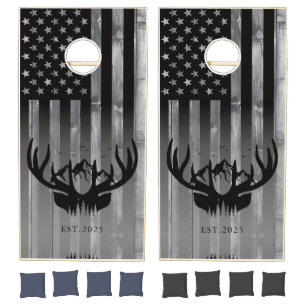 Rustic Deer & American Flag Wood Grain Cornhole Set