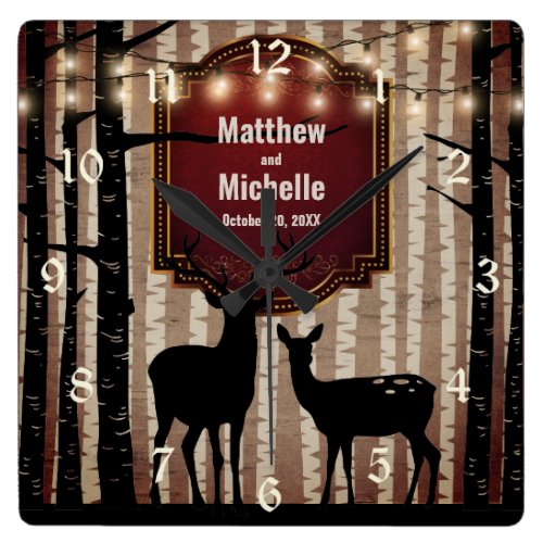 Rustic Deer and Aspen Trees Wedding or Anniversary Square Wall Clock