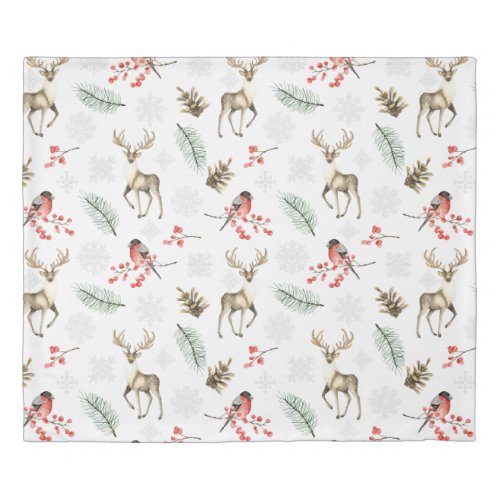 Rustic Deer and Birds Pine Christmas Duvet Cover