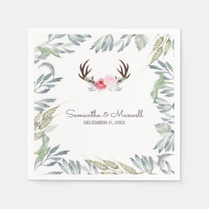 RUSTIC Deer Antler and Pink Rose Paper Napkins