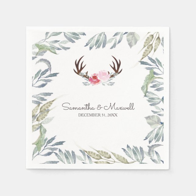 RUSTIC Deer Antler and Pink Rose Paper Napkins (Front)