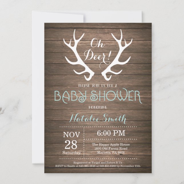 Rustic Deer Antler Baby Shower Invitation Aqua (Front)