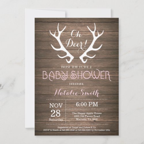 Rustic Deer Antler Baby Shower Invitation Pink