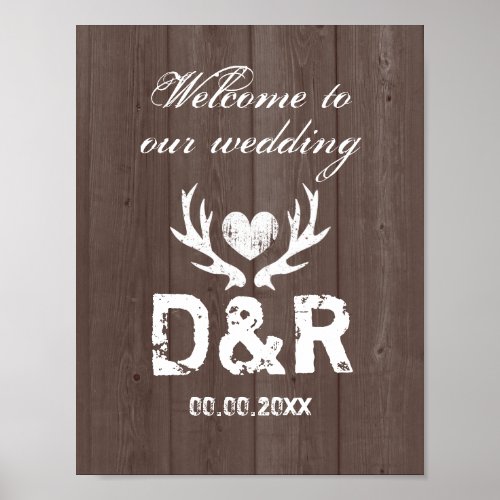 Rustic deer antler barn wood grain wedding posters