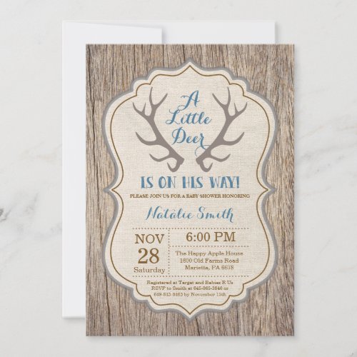 Rustic Deer Antler Blue Boy Baby Shower Invitation