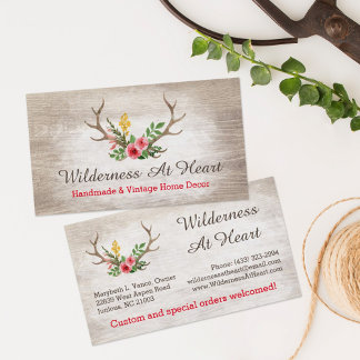 Rustic Deer Antler Bohemian Floral Watercolor Wood Business Card