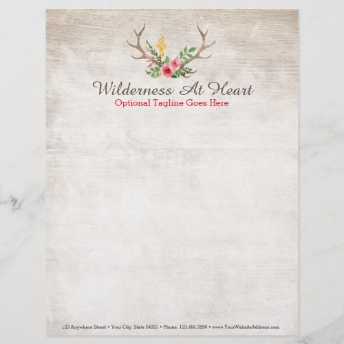 Rustic Deer Antler Bohemian Floral Watercolor Wood Letterhead