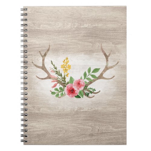 Rustic Deer Antler Bohemian Floral Watercolor Wood Notebook