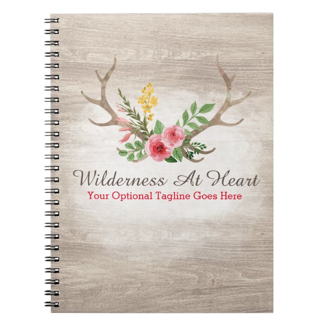 Rustic Deer Antler Bohemian Floral Watercolor Wood Notebook (Front)
