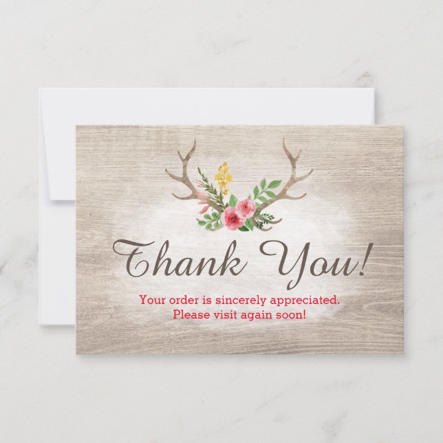 Rustic Deer Antler Bohemian Floral Wood Thank You (Front)