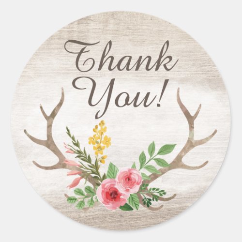 Rustic Deer Antler Bohemian Floral Wood Thank You Classic Round Sticker