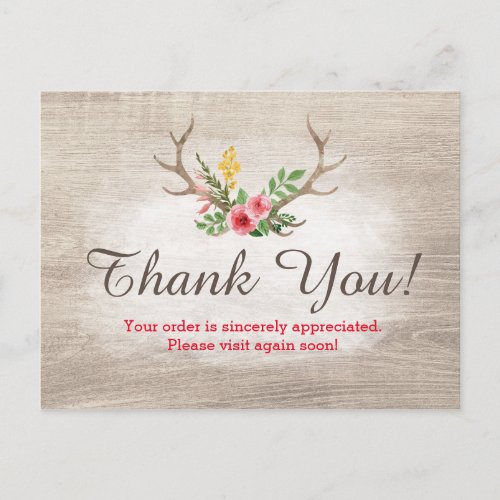 Rustic Deer Antler Bohemian Floral Wood Thank You Postcard